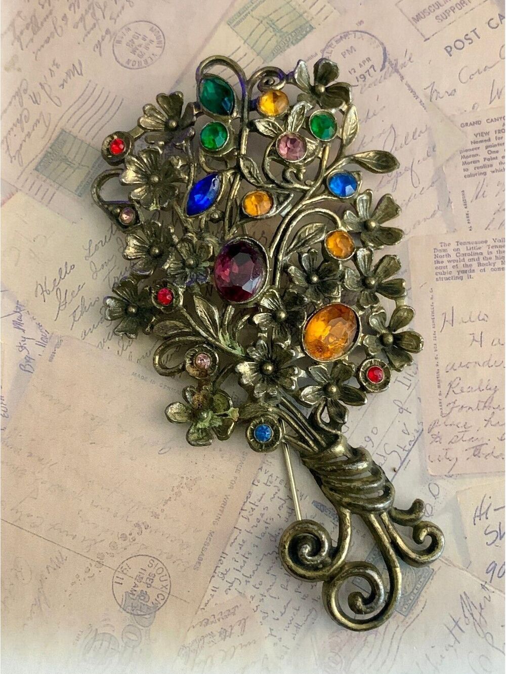 Vintage Rhinestone Bouquet Flower Basket Figural Brooch